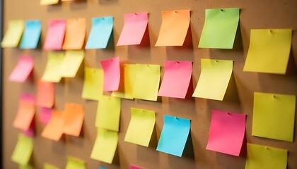 A collection colorful notes arranged on a corkboard reflects organization and idea development essential for efficient business planning and collaboration, created with generative ai
