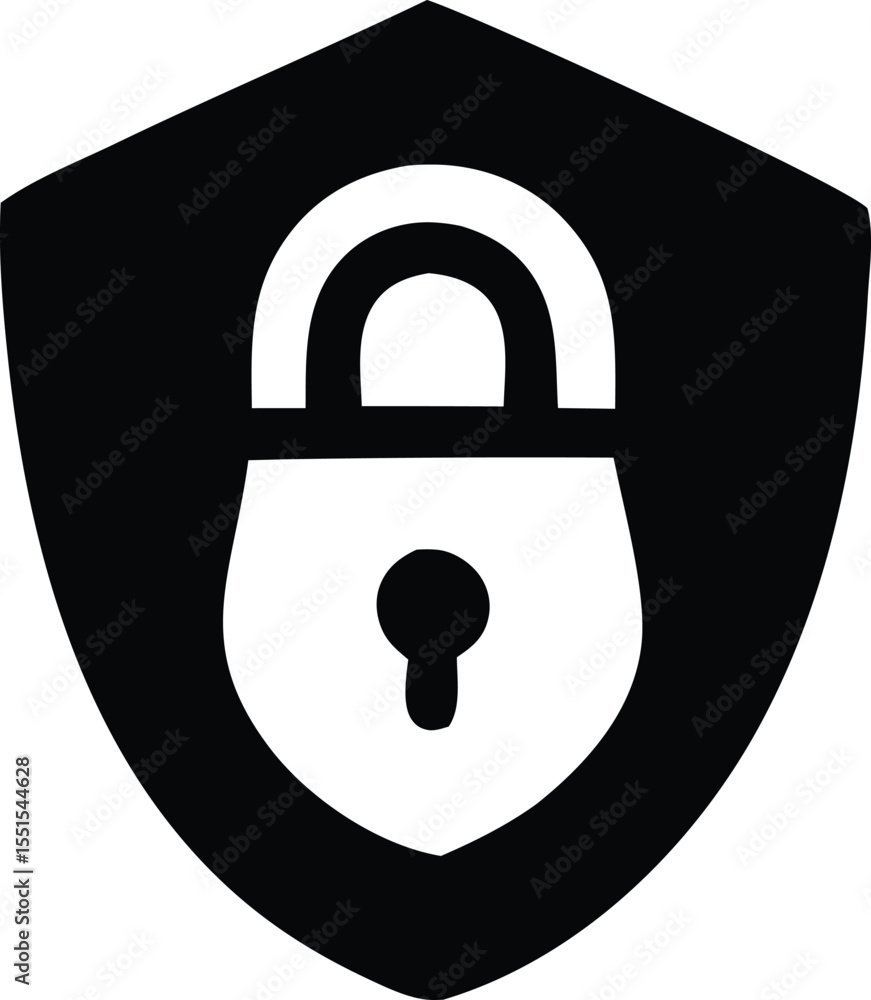 Poster a stark black and white graphic icon featuring a closed padlock symbol centered within a shield shap