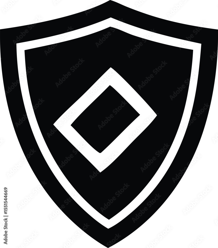 Poster a stark black shield emblem featuring a bold white diamond shape centered within its protective outl