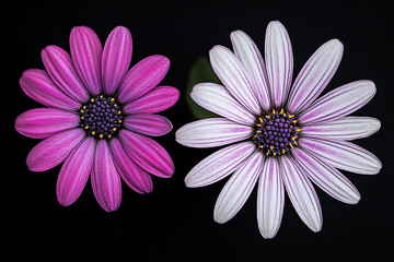 Close up shot of two osteospermum flowers with purple and white petals bloom