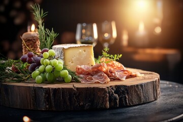 Artisan charcuterie board display cozy restaurant setting gourmet food photography elegant ambiance close-up shot culinary art