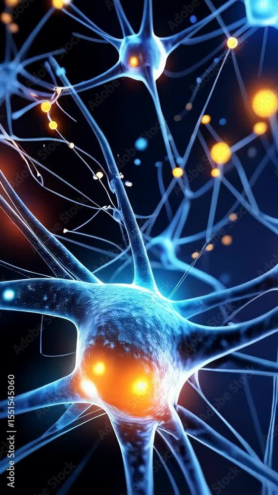 Poster illustration of neuron cells with glowing connections forming a network on dark blue background, rep