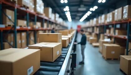 Automated sorting system in a warehouse with conveyor belts transporting labeled cardboard boxes, no text created with generative ai