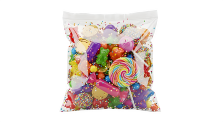 Assorted candies in clear bag 3d rendered isolated on white background
