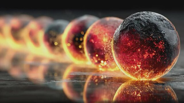 Fiery Orbs: A row of glowing, fiery orbs, each a miniature sun, dance across a dark surface, reflecting a symphony of light and energy