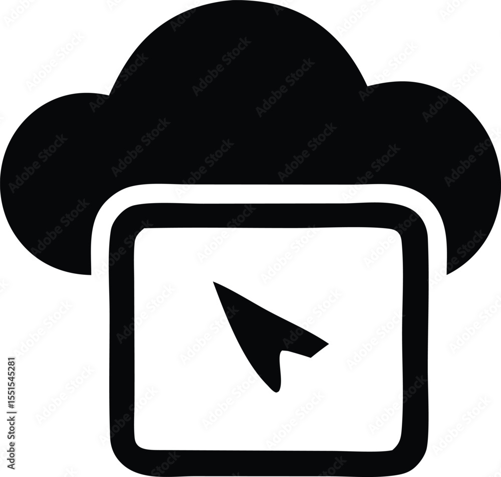 Poster stylized black cloud icon hovering over a computer screen with a cursor pointing towards the screen