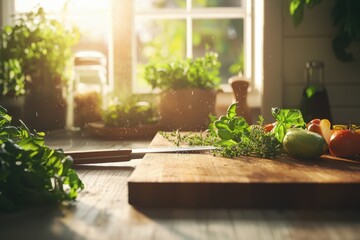 Fresh herbs and vibrant vegetables on rustic wooden kitchen counter home setting food photography natural lighting culinary inspiration