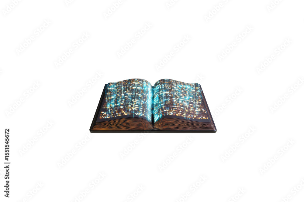 Poster open book with glowing blue and orange digital pattern displayed against a transparent background