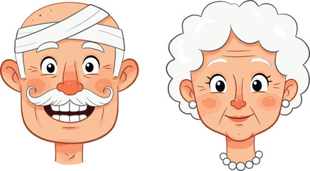 Elderly cartoon couple, senior man and woman characters, aged face illustration, retirement life vector, cute old people design icon