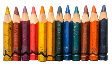 Colorful crayons arranged in a row artistic tools for kids isolated on white background