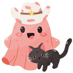 Cute Pink Ghost with cowboy hat and black cat halloween illustration