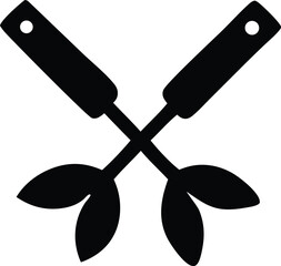 Stylized black silhouette of two crossed gardening trowels with leafy ends on a white background