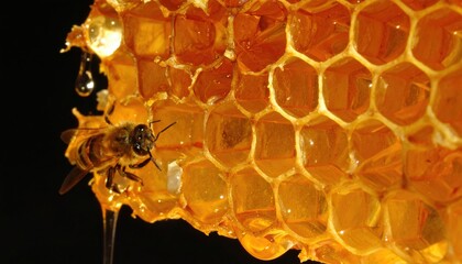 Honeycomb with Bee, Honey, Closeup, and Nature.