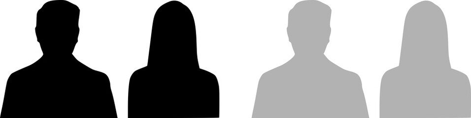 Set of icon avatar profile icon in silhouettes. Profile icon. Avatar icons set. Male and female head silhouettes. Man and woman avatar profile. Male and Female face silhouette icon.	