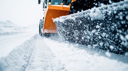 A snow plow efficiently clears snow from a winter road, emphasizing resilience and the need for maintenance in harsh weather conditions to ensure safe travels.