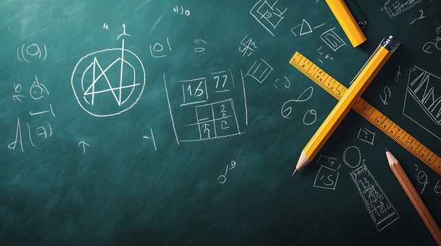 Mathematics Classroom Chalkboard with Pencils and Ruler