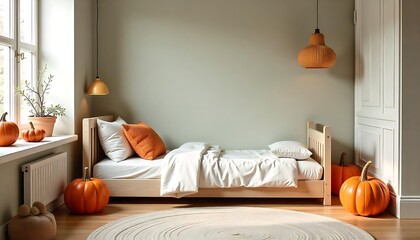Interior of children's room with bed, toys and pumpkins, created with generative ai