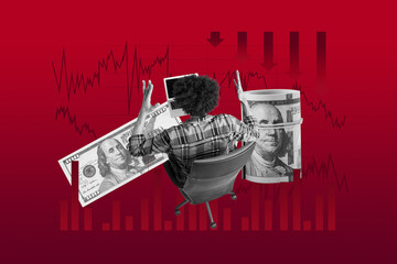 Full trendy sketch image photo collage of puzzled man sit workplace laptop device dollar banknote...