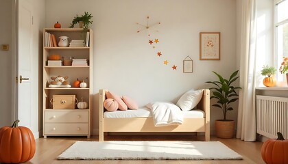 Interior of children's room with bed, toys and pumpkins, created with generative ai