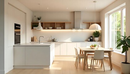 Interior of beige kitchen with counters, shelf unit and dining table , Empty classic kitchen, created with generative ai