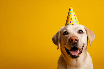 Labrador wearing birthday hat. Room full of confetti.