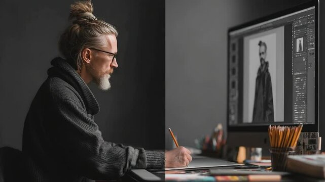 The Creative Process: An artist or designer deep in concentration with the software or the pen. A dual portrait of creativity.