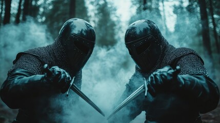 Two armored knights face each other in a misty forest, swords drawn, creating a dynamic scene filled with tension, courage, and the essence of medieval valor.
