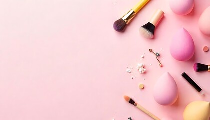 Makeup sponges with yellow brush and different decorative cosmetics on pink background, mockup cosmetic items, created with generative ai