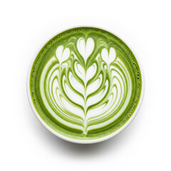 Close up of a vibrant green matcha latte with intricate latte art isolated on white background