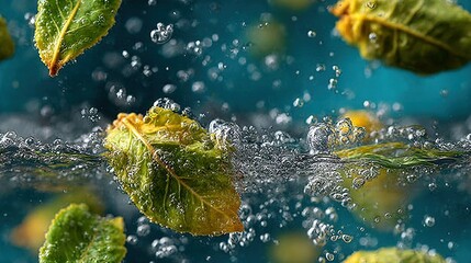   A cluster of foliage drifting atop a watery expanse, adorned with droplets