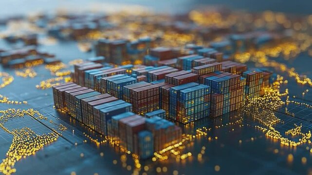 Global Logistics Hub: High-angle shot of cargo containers arranged, symbolizing the interconnectedness of international trade.