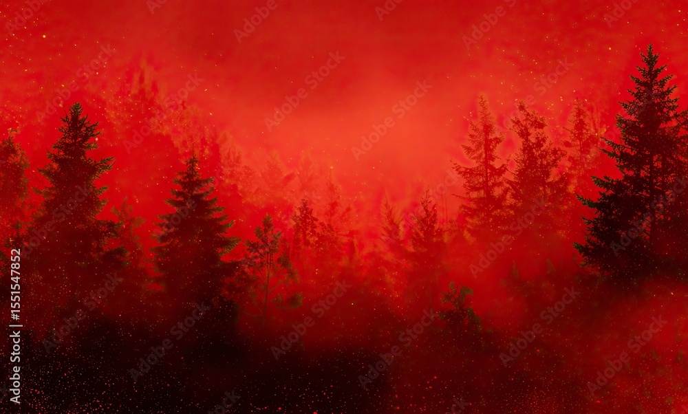 Poster abstract red background with a dark forest silhouette. a horror or spooky concept. a forest in the f