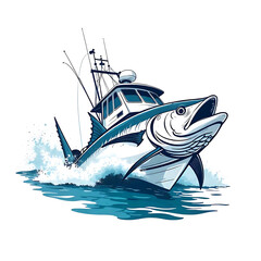 Fototapeta premium An stylized vector, illustration line art logo icon of a fishing boat and a tuna fish on white.