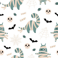 Halloween seamless pattern with dinosaur, monster, spider, spiderweb, bat, skull. Spooky Halloween vector background	