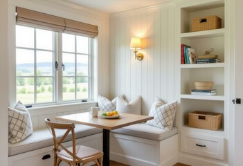Sunlit Breakfast Nook with Cushions, Wall Sconce, and Scenic Outdoor View