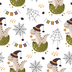 Halloween seamless pattern with dinosaur, spiders, spiderweb. Spooky Halloween vector background