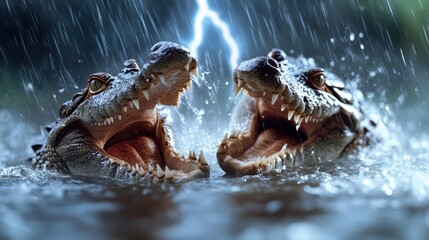 Fototapeta premium A dramatic scene of two crocodiles in a rainstorm, with lightning striking nearby, showcasing their fierce expressions as they roar amidst the pouring rain.