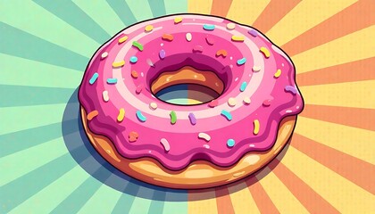 Pop art style donut illustration graphic, Cartoon donut with pink icing sprinkles, created with generative ai