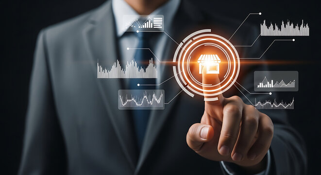 Businessman touching a digital interface visualizing store sales and financial market data analysis