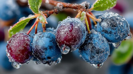   Berries on a branch with ice leaves and water drops