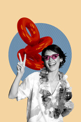Zine pop image banner 3d photo collage of happy girl hold cocktail glass wear boa show peace...
