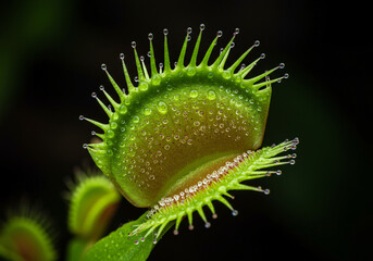 An elegant carnivorous plant with venus flytrap-like features, beautifully designed with gradient petals from deep emerald to bright lime green, gracefully catching mosquitoes in its artistic trap