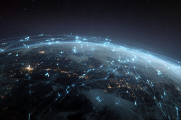 Sleek satellites orbiting Earth connected by glowing digital neural network lines