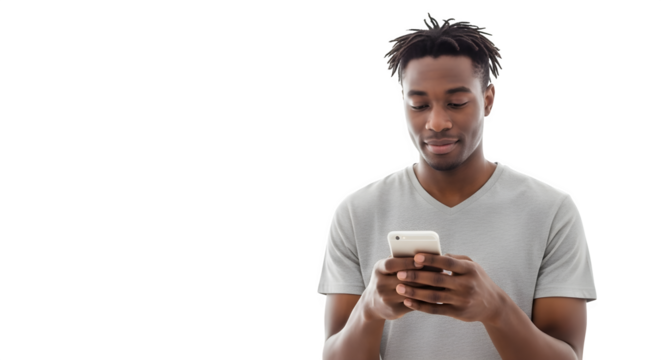 Young man using smartphone isolated on white background