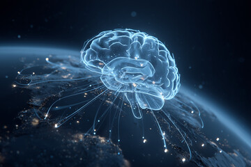 Fototapeta premium Glowing artificial brain of circuits connected by neon data threads over digital Earth