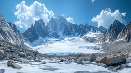 Majestic snow-capped mountains with clear sky, suitable for nature and travel articles.