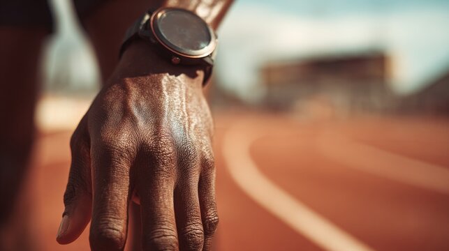 Closeup of male athlete checking fitness watch at running track stadium, hand in focus, blurred background.