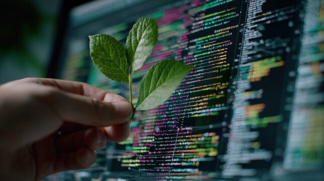 A close-up of a computer screen showing intricate plant DNA sequences, with a blurred hand of a scientist (male) holding a plant leaf, genetic engineering for ecology