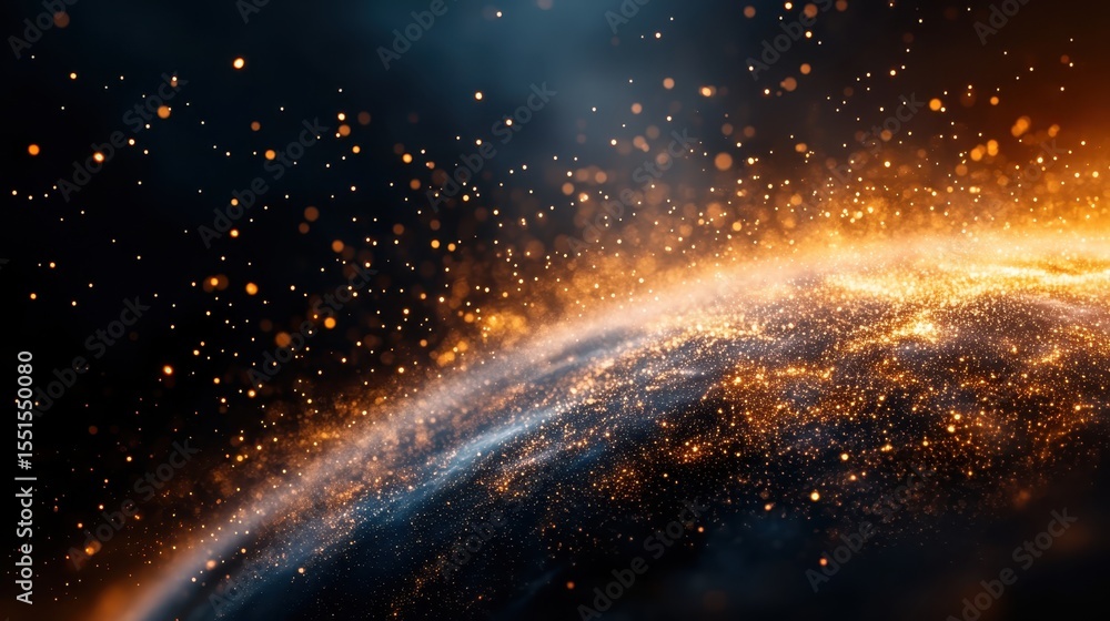 Poster a mesmerizing cosmic scene featuring sparkling particles and swirling light against the backdrop of 