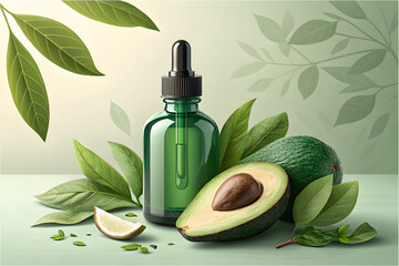 Green glass dropper bottle stands next to a halved avocado and fresh leaves